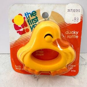 NWT Vintage 1986 The First Years Yellow Duck Baby Rattle Chew Toy Package Damage